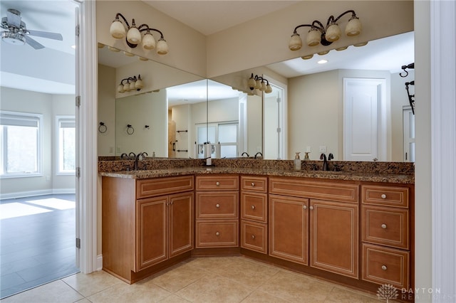 bathroom with vanity, tile patterned floors, and ceiling fan