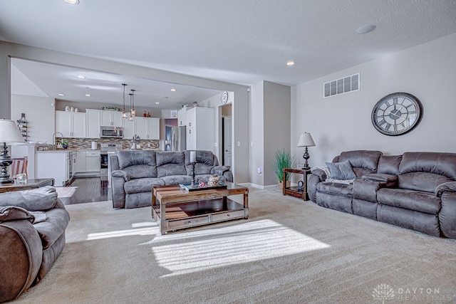 living room featuring a textured ceiling and light colored carpet