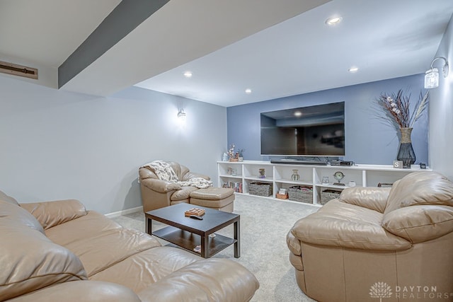 living room with light colored carpet