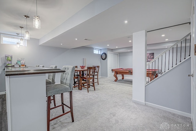 game room featuring plenty of natural light, light carpet, and pool table