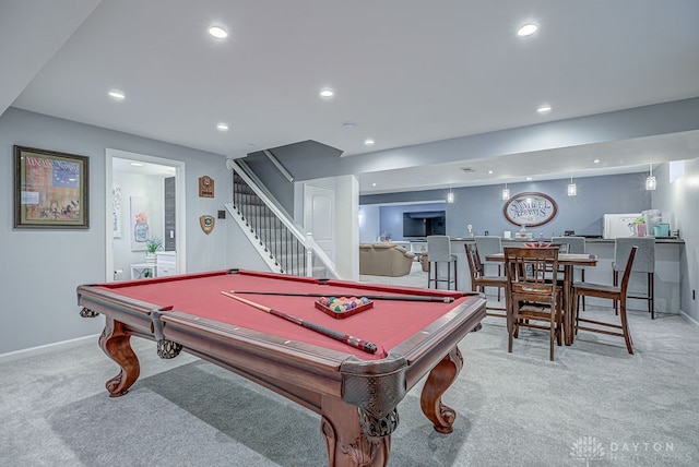 playroom with light carpet and pool table