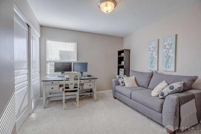 office space featuring carpet flooring and a textured ceiling