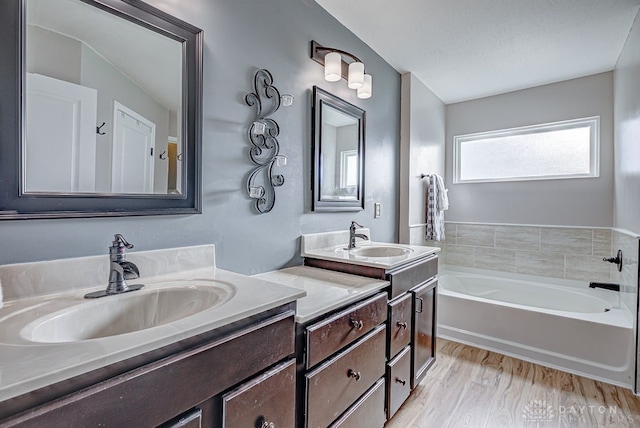 bathroom featuring a tub to relax in, vanity, and wood-type flooring