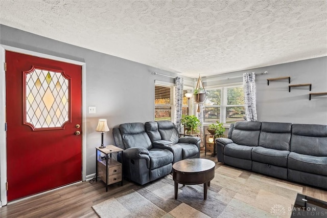 living room featuring hardwood / wood-style flooring and a textured ceiling