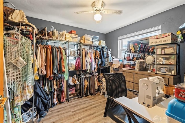 spacious closet with light hardwood / wood-style flooring and ceiling fan