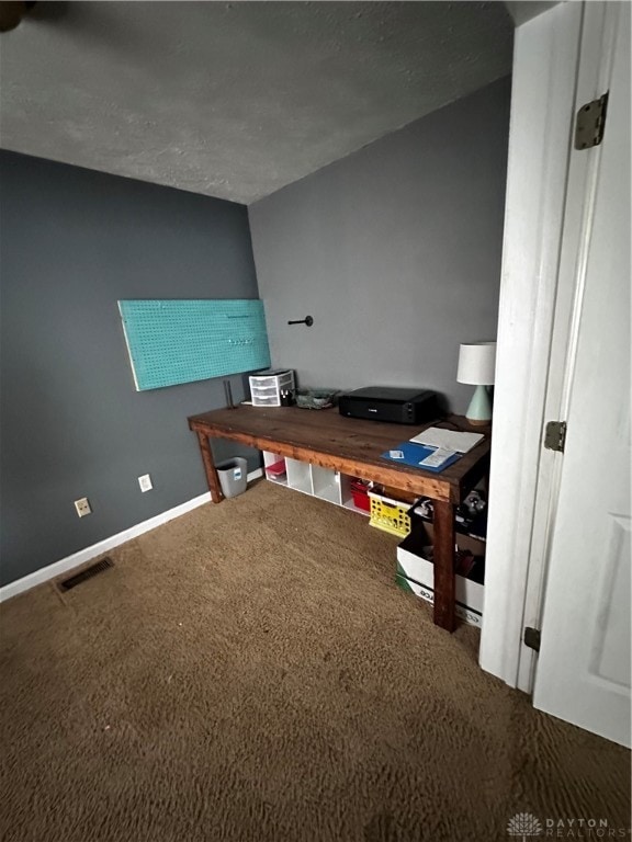 office space featuring carpet and a textured ceiling