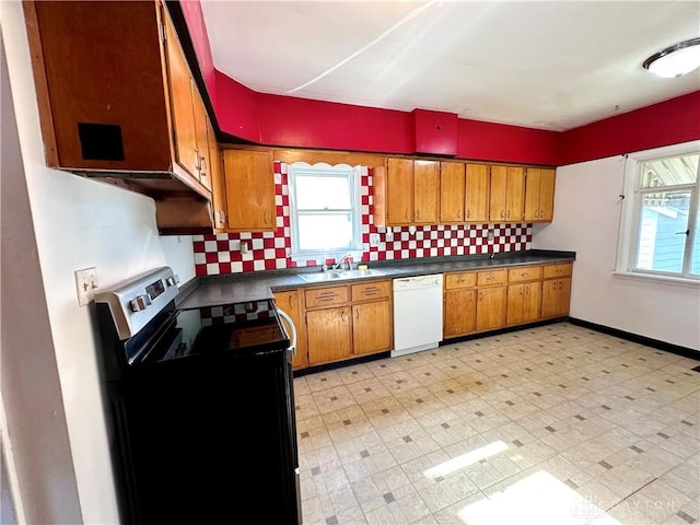 kitchen featuring dishwasher, a healthy amount of sunlight, stainless steel electric range, and sink