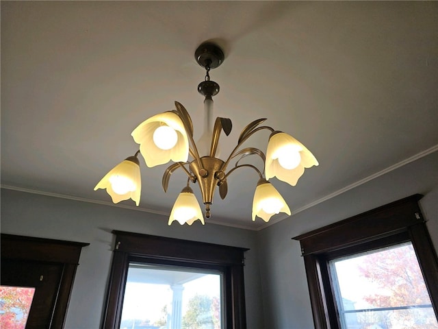 details featuring crown molding and a chandelier