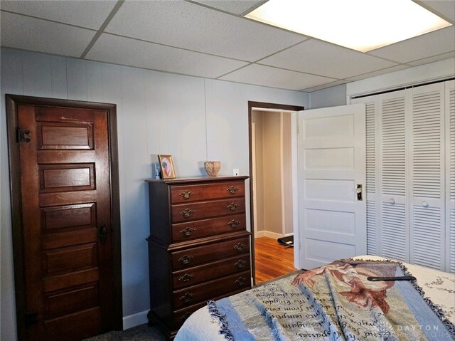 bedroom featuring a closet, a paneled ceiling, and hardwood / wood-style floors