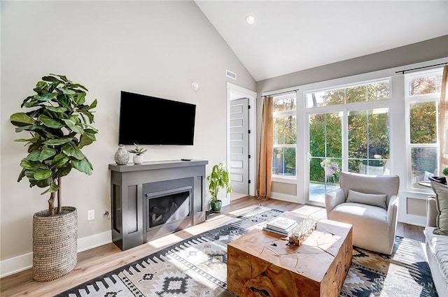 living room with high vaulted ceiling and light hardwood / wood-style flooring