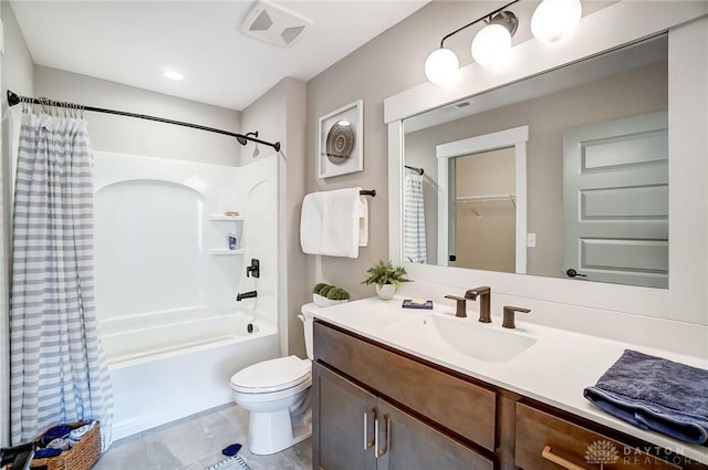 full bathroom with vanity, shower / bathtub combination with curtain, and toilet