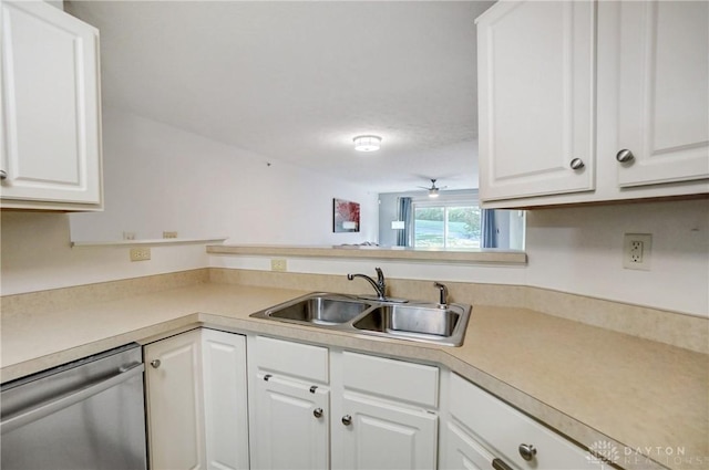 kitchen with white cabinets, dishwasher, ceiling fan, and sink