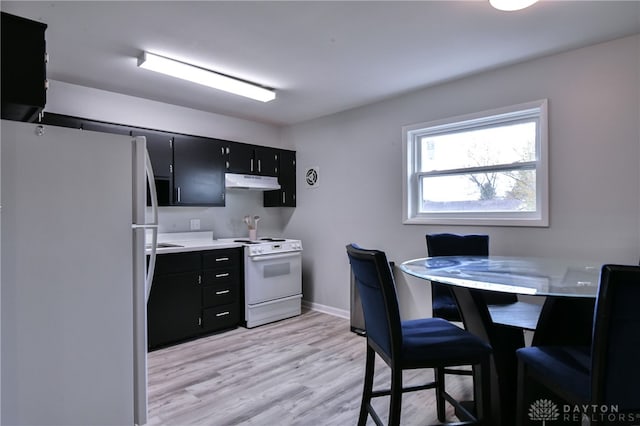 kitchen featuring light hardwood / wood-style flooring and white appliances