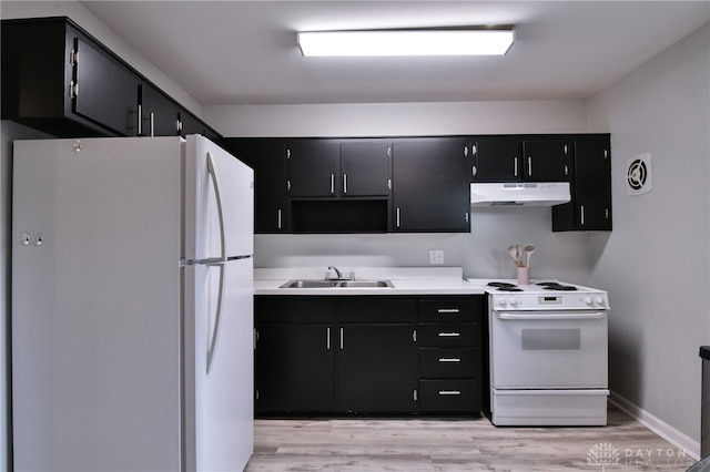 kitchen featuring sink, light hardwood / wood-style floors, and white appliances