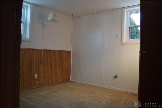 unfurnished room featuring wood walls and light colored carpet