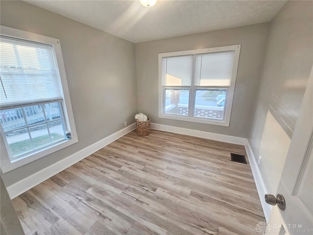 empty room featuring a textured ceiling and light hardwood / wood-style flooring