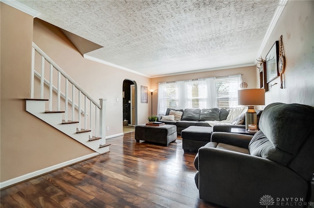 living room with ornamental molding, a textured ceiling, and dark wood-type flooring