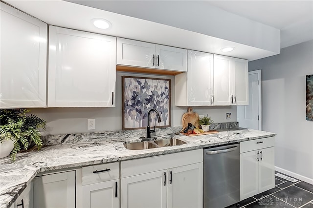 kitchen featuring sink, dishwasher, white cabinetry, and light stone counters