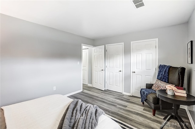 bedroom with hardwood / wood-style flooring and multiple closets