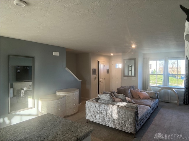 carpeted living room with a textured ceiling