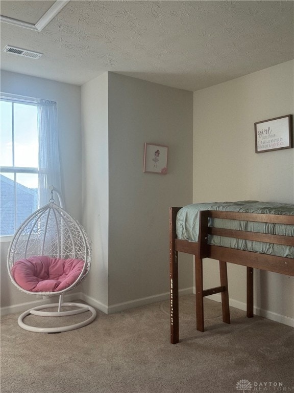 carpeted bedroom with a textured ceiling