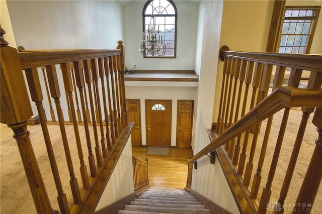 staircase featuring a towering ceiling and wood-type flooring