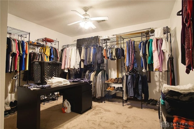 spacious closet featuring ceiling fan and light colored carpet