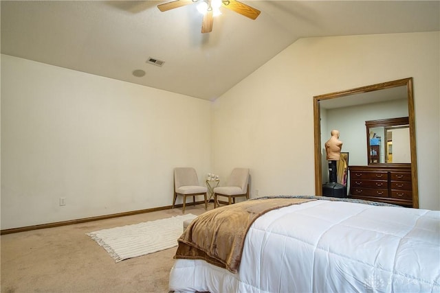 bedroom featuring vaulted ceiling, ceiling fan, and carpet flooring