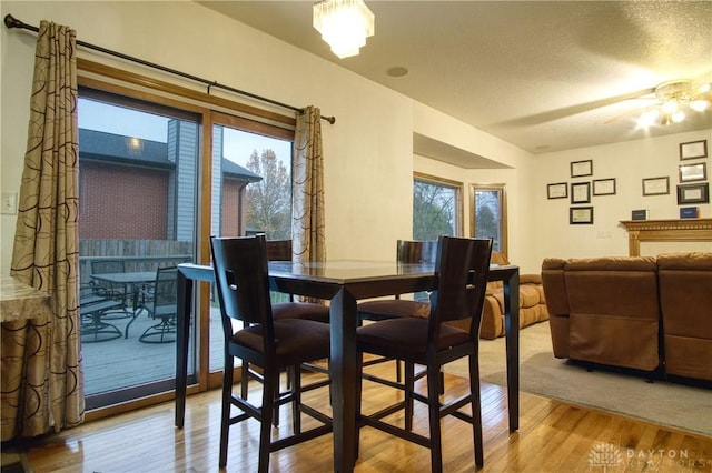 dining area with a textured ceiling, ceiling fan, and hardwood / wood-style floors