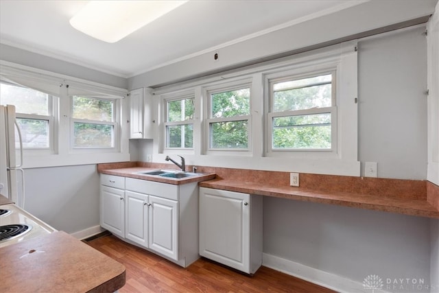 kitchen with light hardwood / wood-style floors, white cabinets, sink, and ornamental molding