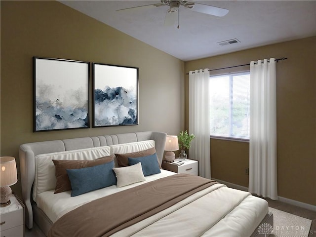 bedroom with visible vents, baseboards, lofted ceiling, ceiling fan, and carpet