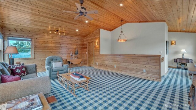 living room with carpet flooring, ceiling fan, wooden ceiling, lofted ceiling, and wooden walls