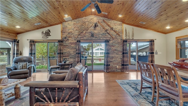 living room with wooden ceiling, plenty of natural light, and light wood-type flooring