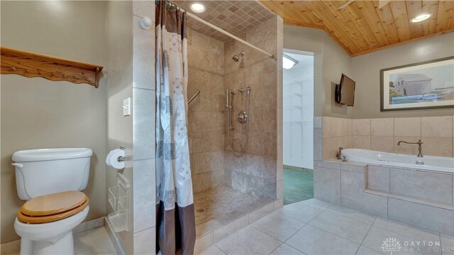 bathroom featuring toilet, wooden ceiling, tile patterned flooring, and plus walk in shower