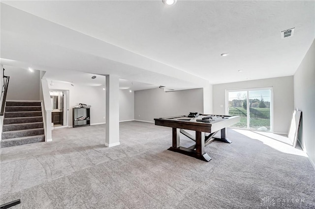 game room with light carpet, baseboards, and recessed lighting