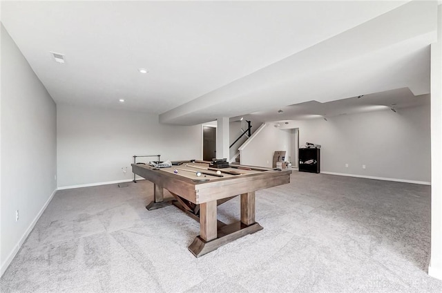 playroom featuring pool table, carpet flooring, and baseboards