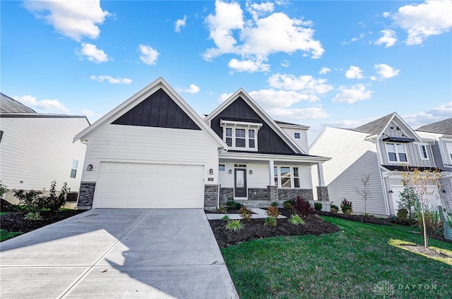 craftsman inspired home with covered porch and a front lawn