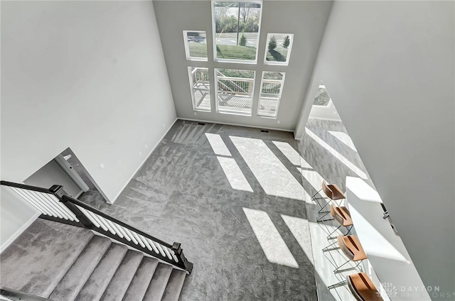 unfurnished living room featuring carpet floors, plenty of natural light, a high ceiling, and baseboards