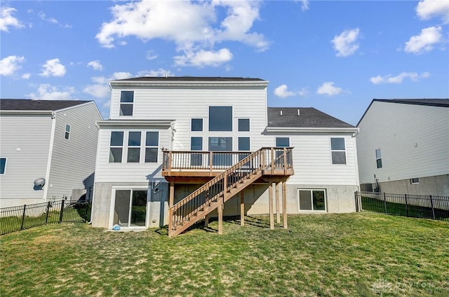 rear view of property with stairway, a wooden deck, and central AC