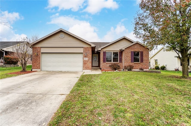 single story home with a garage and a front lawn