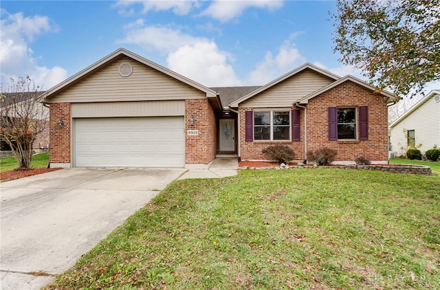 ranch-style house featuring a garage and a front lawn