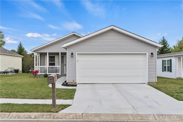 ranch-style house with a porch, a garage, and a front yard