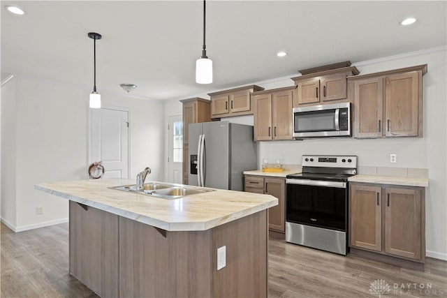 kitchen featuring hardwood / wood-style flooring, decorative light fixtures, sink, and appliances with stainless steel finishes