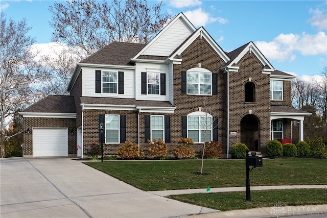 view of front of property featuring a garage and a front lawn