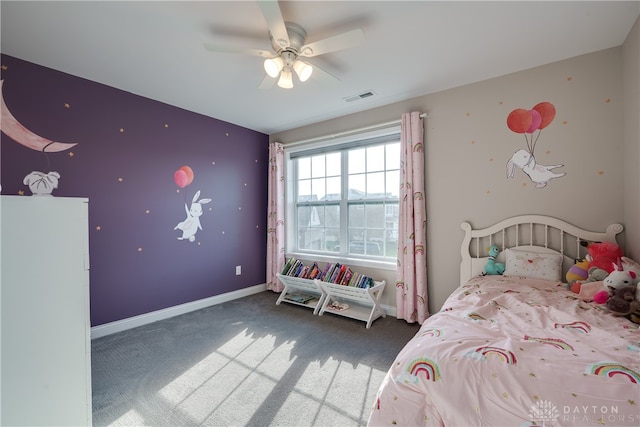 carpeted bedroom with ceiling fan