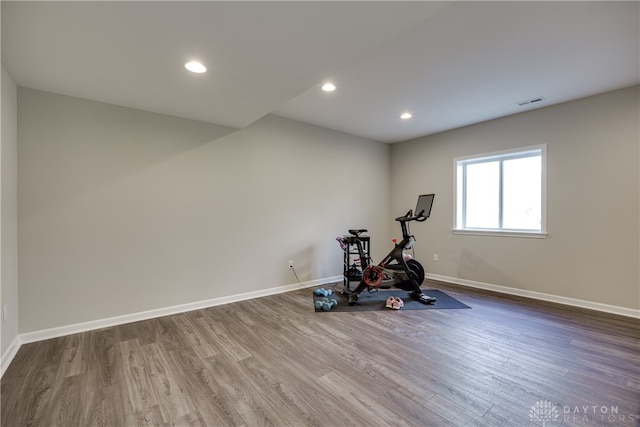 workout room featuring hardwood / wood-style floors