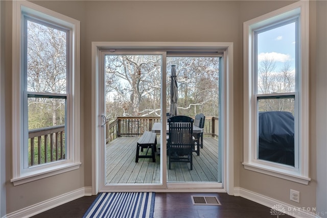 doorway featuring dark hardwood / wood-style floors and a healthy amount of sunlight