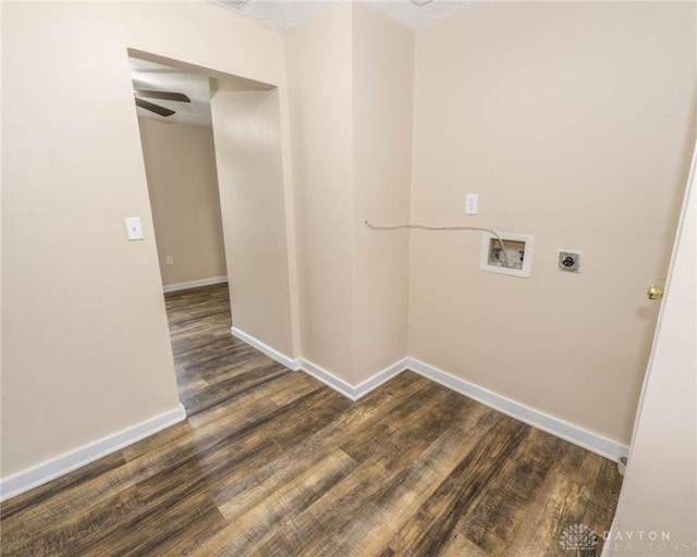 laundry room featuring hookup for a washing machine, dark hardwood / wood-style floors, hookup for an electric dryer, and ceiling fan