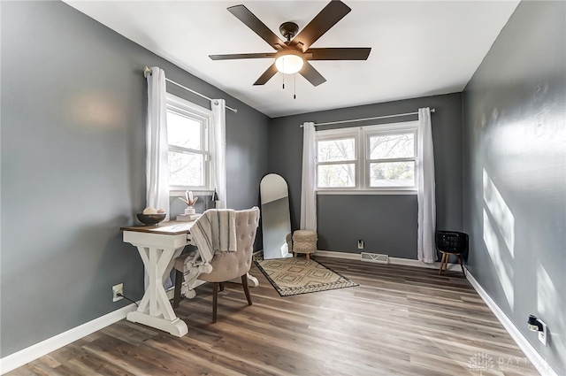 office space featuring plenty of natural light, wood-type flooring, and ceiling fan