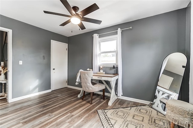 office space featuring hardwood / wood-style floors and ceiling fan